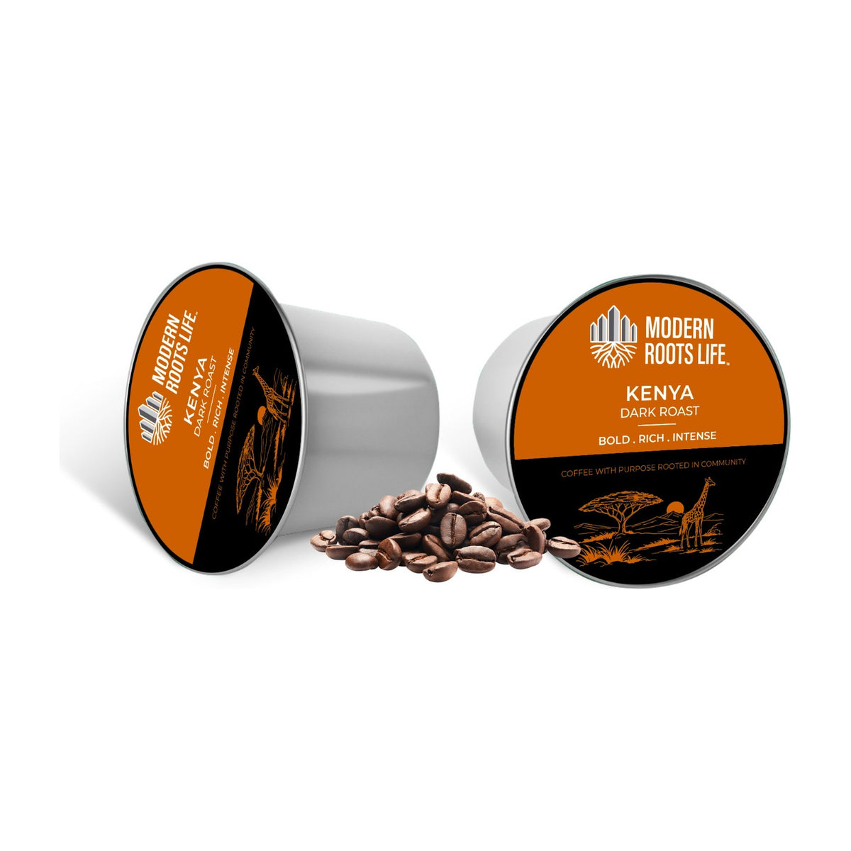 Modern Roots Life Kenya single-serve K-Cup pods with whole coffee beans
